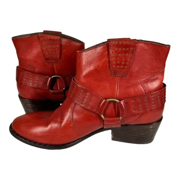 Kork-Ease Katie Red Studded Leather Ankle Booties 8 Western Harness Moto Boho - Picture 5 of 12